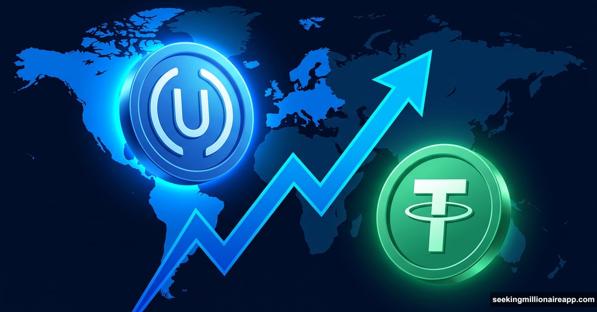 USDC coin rising above USDT coin with glowing world map