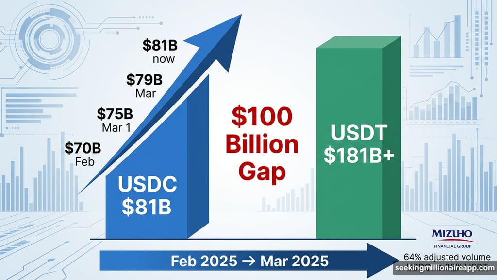 USDC supply surged from $70 billion to $81 billion outpacing USDT volume