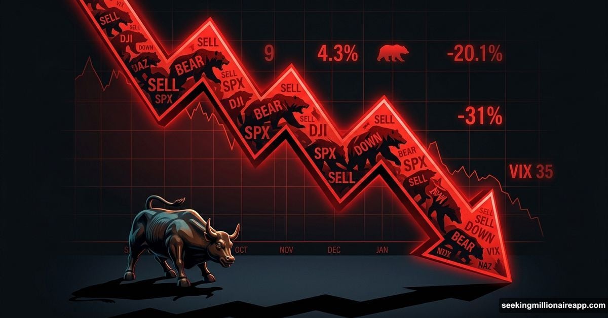 Giant red crash arrow overshadowing Wall Street bull, extreme fear