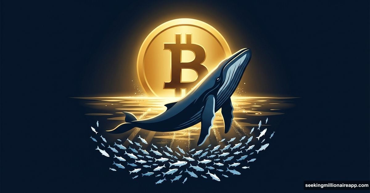 Giant whale surging toward glowing Bitcoin blocked by chaotic small fish