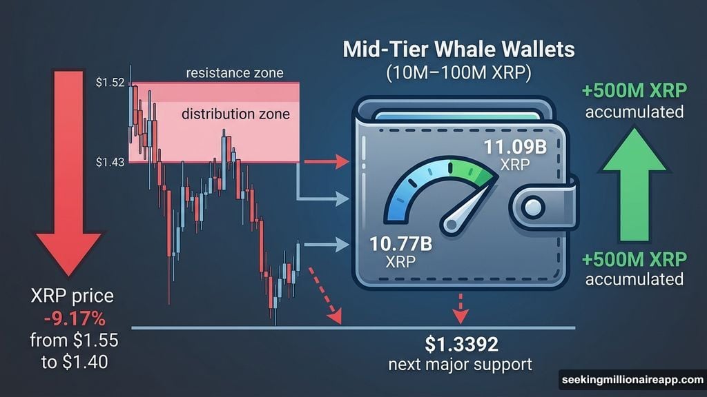 Mid-tier whale wallets added 500 million XRP despite falling price and distribution zone