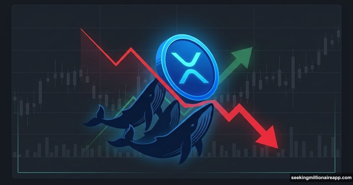 XRP coin sliding downward while whale silhouettes push back against the drop