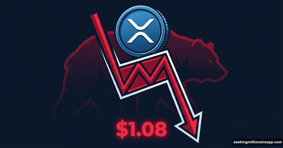 XRP coin on bear flag chart pattern pointing toward $1.08 target