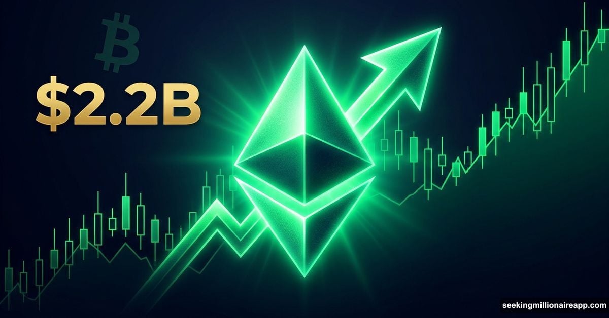 Glowing Ethereum logo with bullish arrow signal and $2.2B options expiry