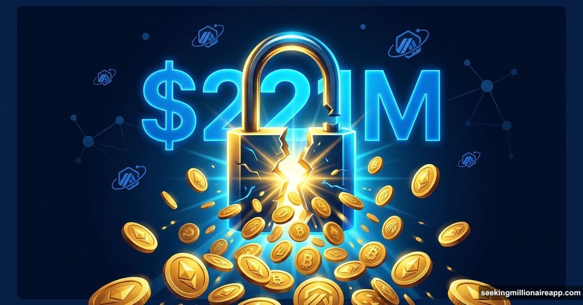 Golden padlock bursting open releasing 221 million dollars in crypto tokens