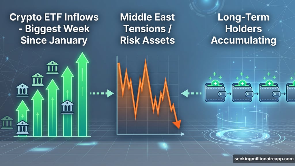 Institutional ETF inflows and long-term holders accumulate despite geopolitical volatility