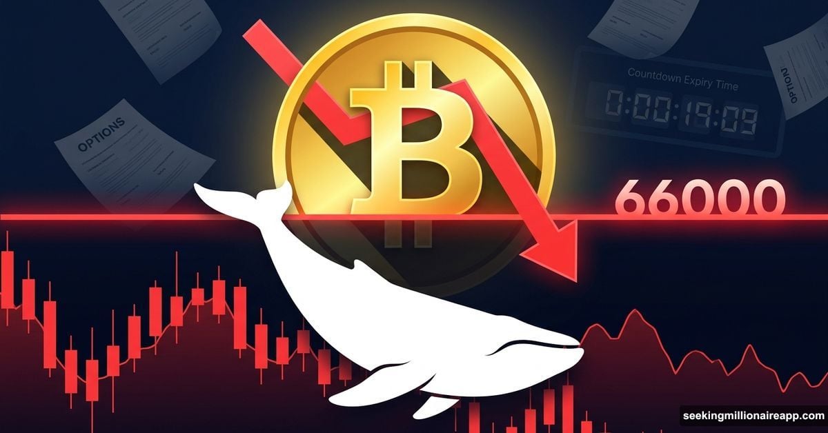 Giant whale diving bearish beneath a golden Bitcoin symbol
