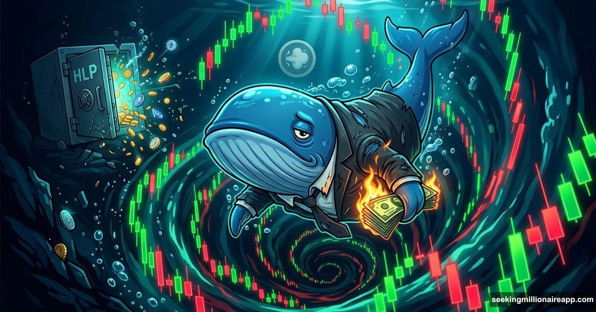 Crypto whale sinking underwater with burning money and crashing charts
