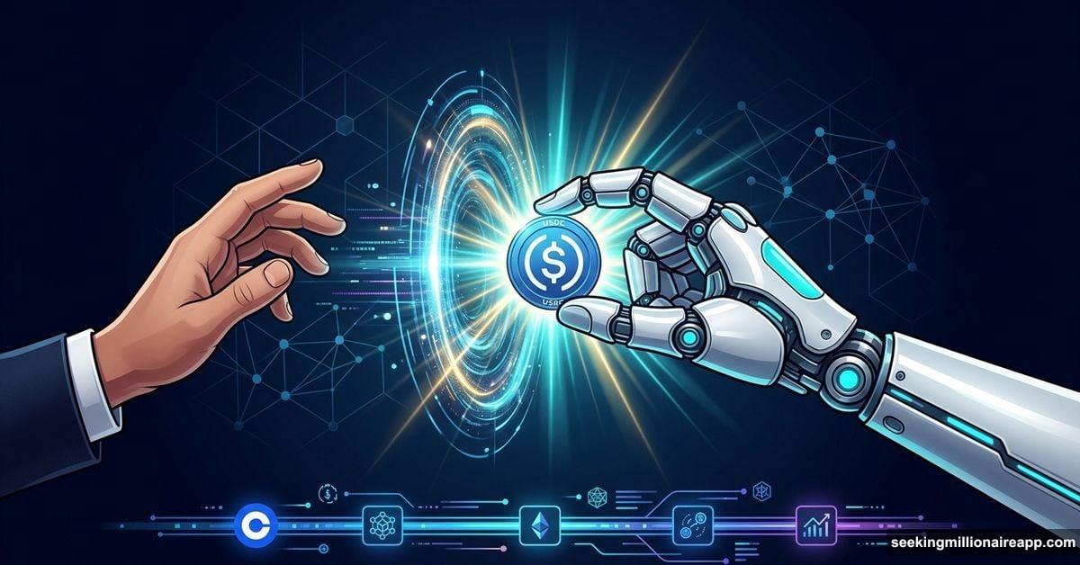 Robot hand autonomously paying with USDC coin through digital gateway