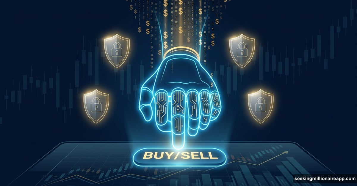 Robotic AI hand executing financial trades protected by four safety shields