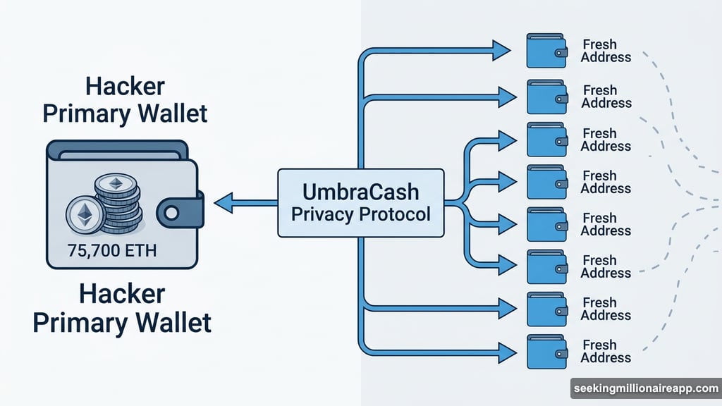 Hacker routing ETH transfers through UmbraCash stealth address privacy protocol