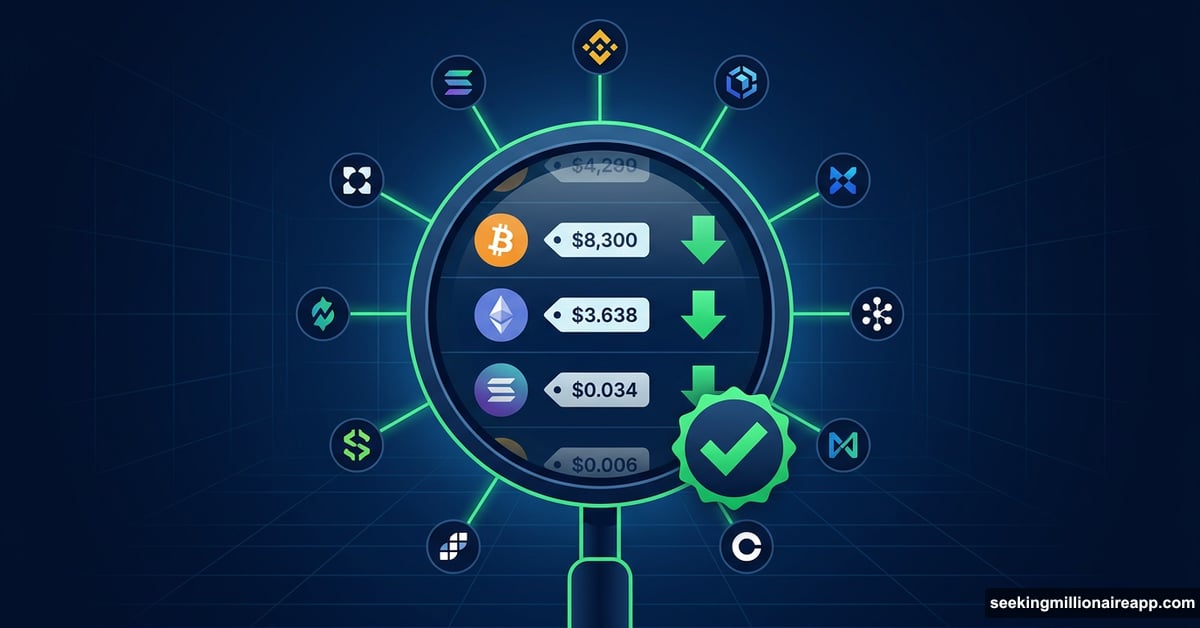 Magnifying glass revealing best crypto exchange rates across multiple services