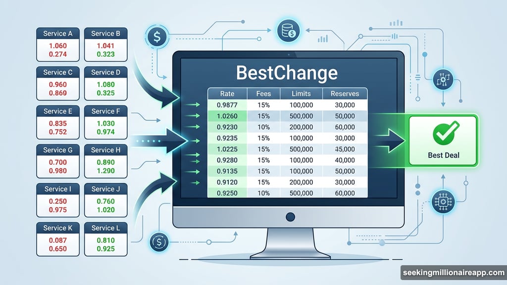 BestChange rate comparison interface showing crypto exchange options side by side