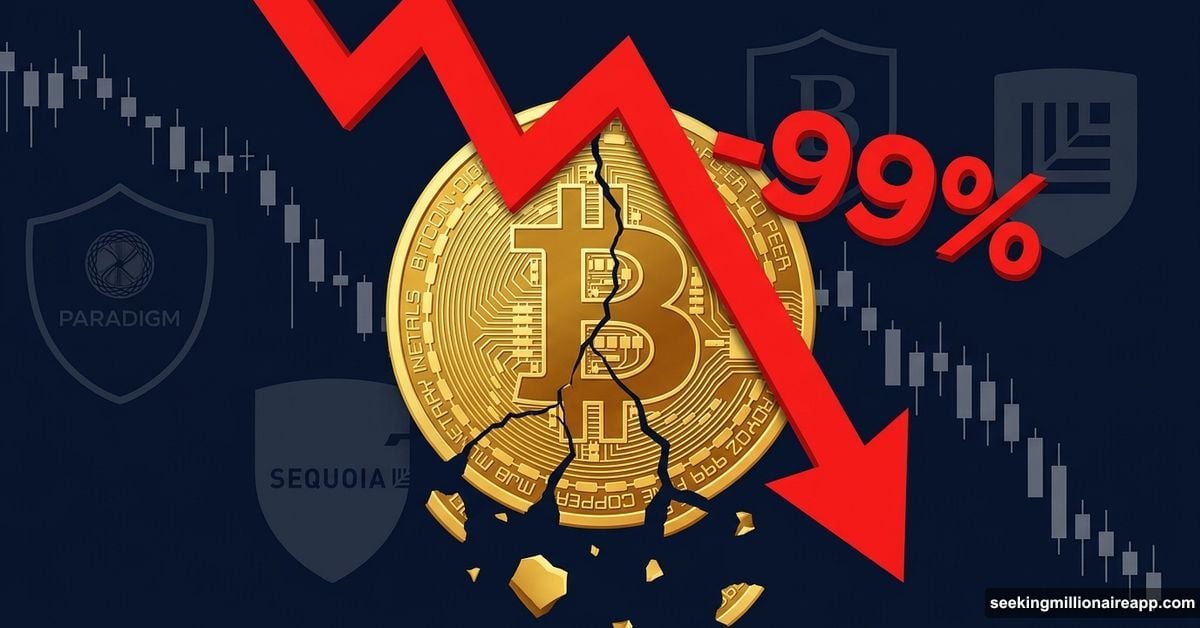 Crypto coin shattering with 99% crash arrow despite tier-1 VC backing