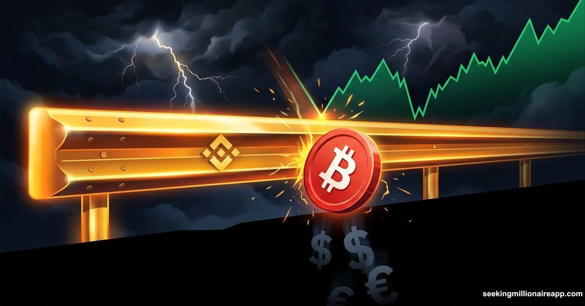 Binance guardrail barrier catching falling crypto coin mid-crash