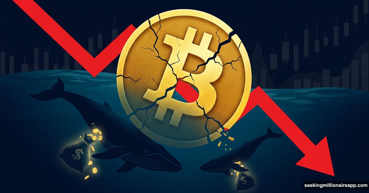 Bitcoin symbol cracking as whale silhouettes dive downward with coins