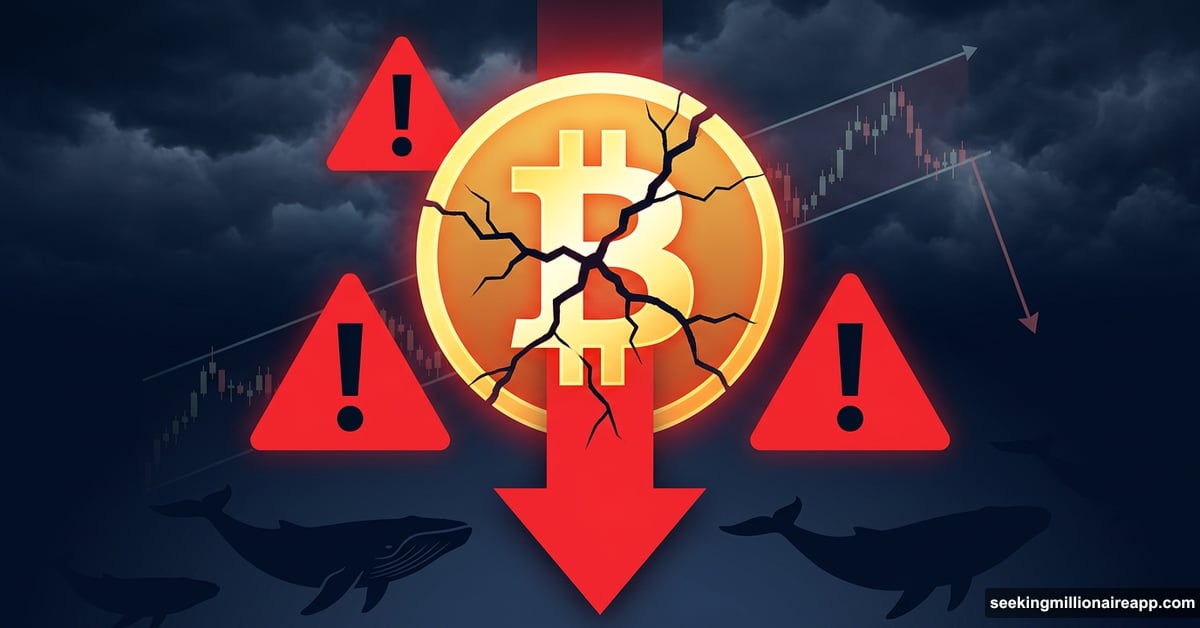 Cracked Bitcoin symbol with red warning signs and whales fleeing