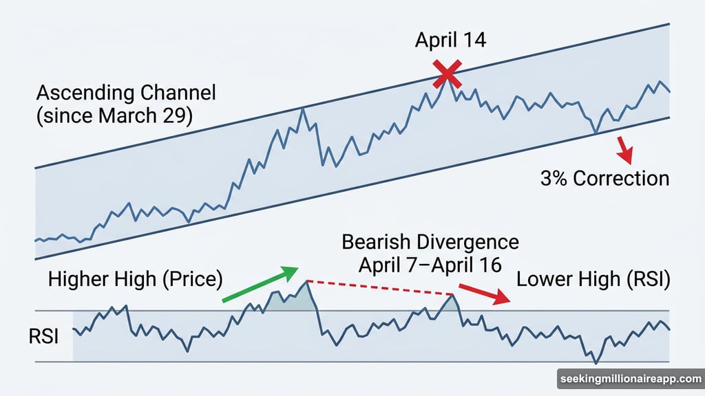 Bitcoin ascending channel shows back-to-back bearish RSI divergences April 7–16