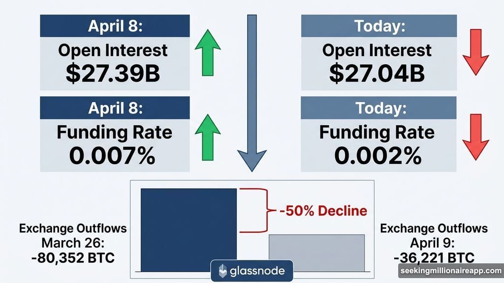 Open interest and spot exchange outflows declining as derivatives conviction evaporates