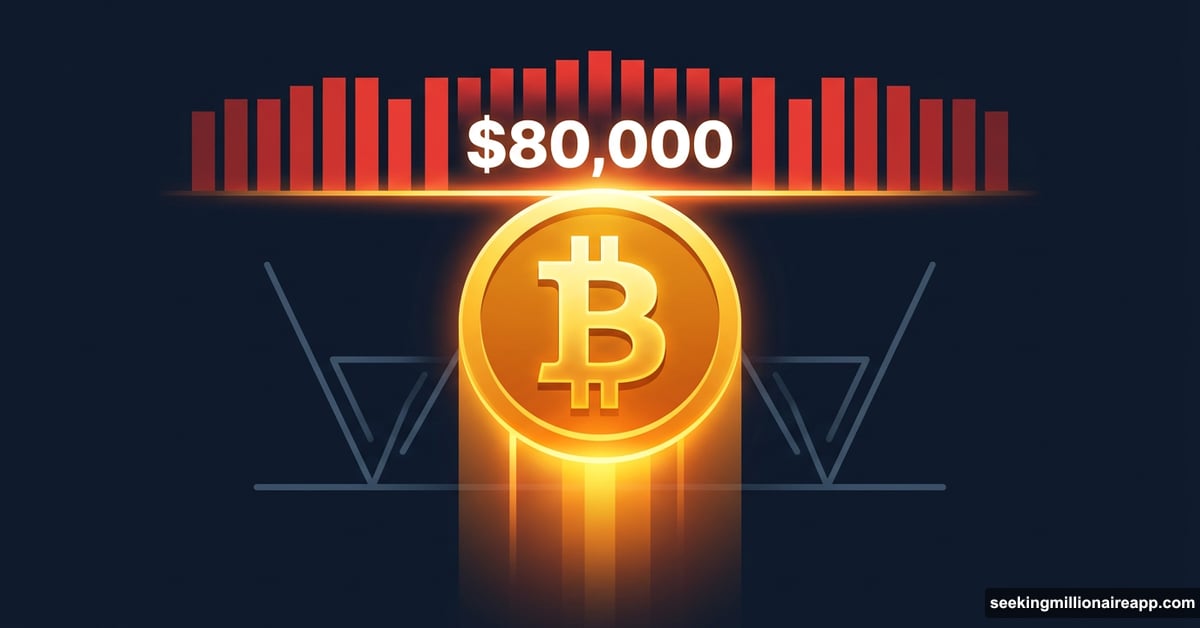 Bitcoin gold coin surging toward glowing $80,000 resistance barrier