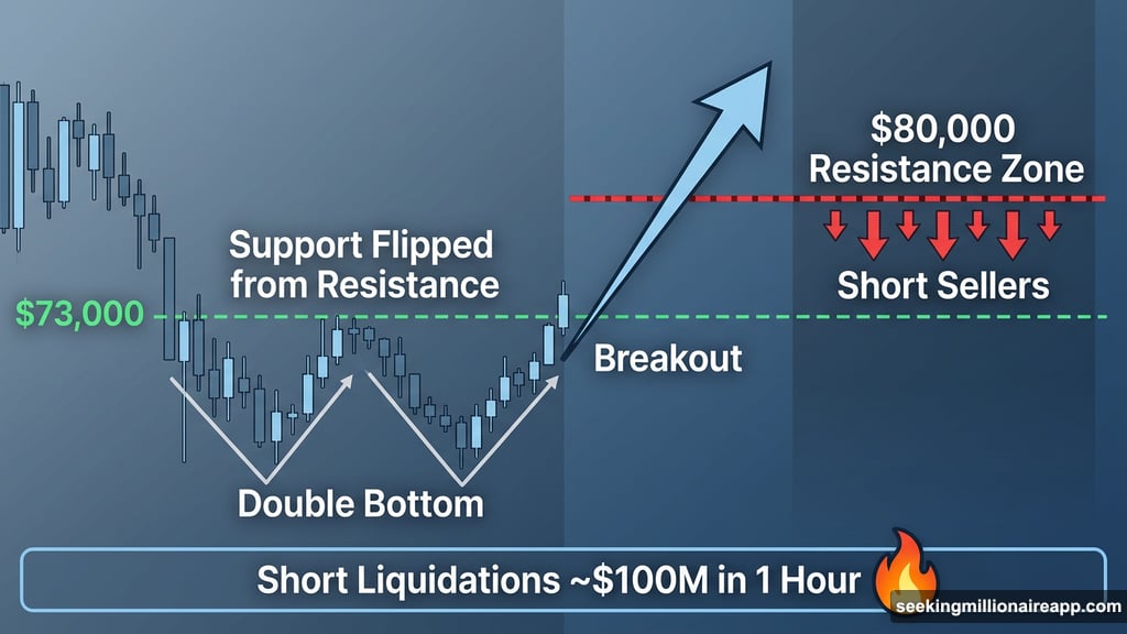 Bitcoin double-bottom breakout at $73,000 rallying toward $80,000 resistance zone