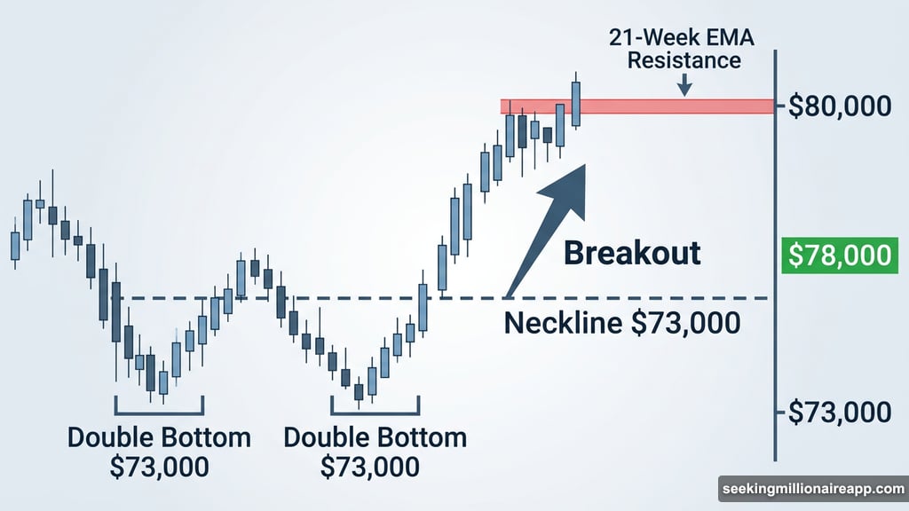 Bitcoin double-bottom breakout above $73,000 neckline approaching $80,000 resistance