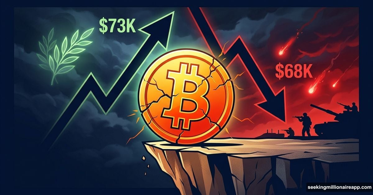 Bitcoin coin teetering on cliff edge amid ceasefire geopolitical uncertainty