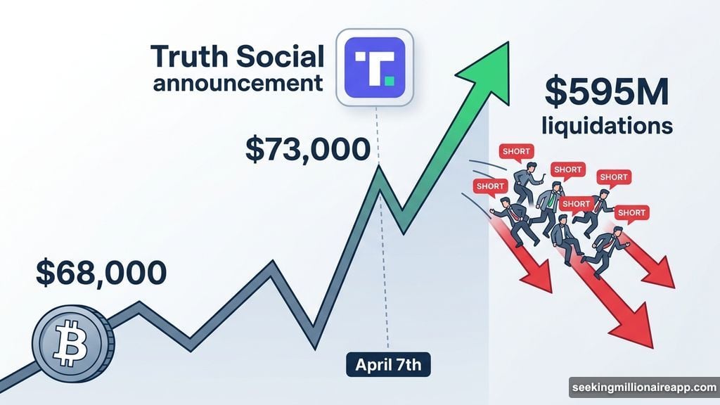 Bitcoin surged 5% to $73,000 triggering $595 million crypto futures liquidations