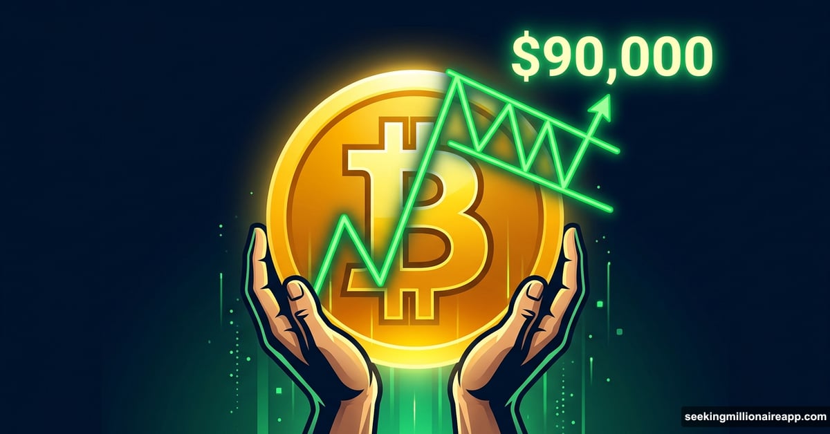 Golden Bitcoin coin with bull flag chart targeting 90000 price level