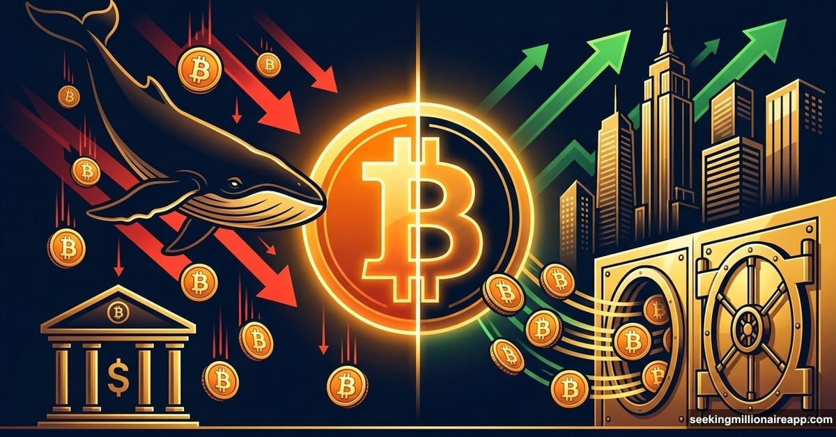 Bitcoin symbol split between whale selling and corporate institutional buying