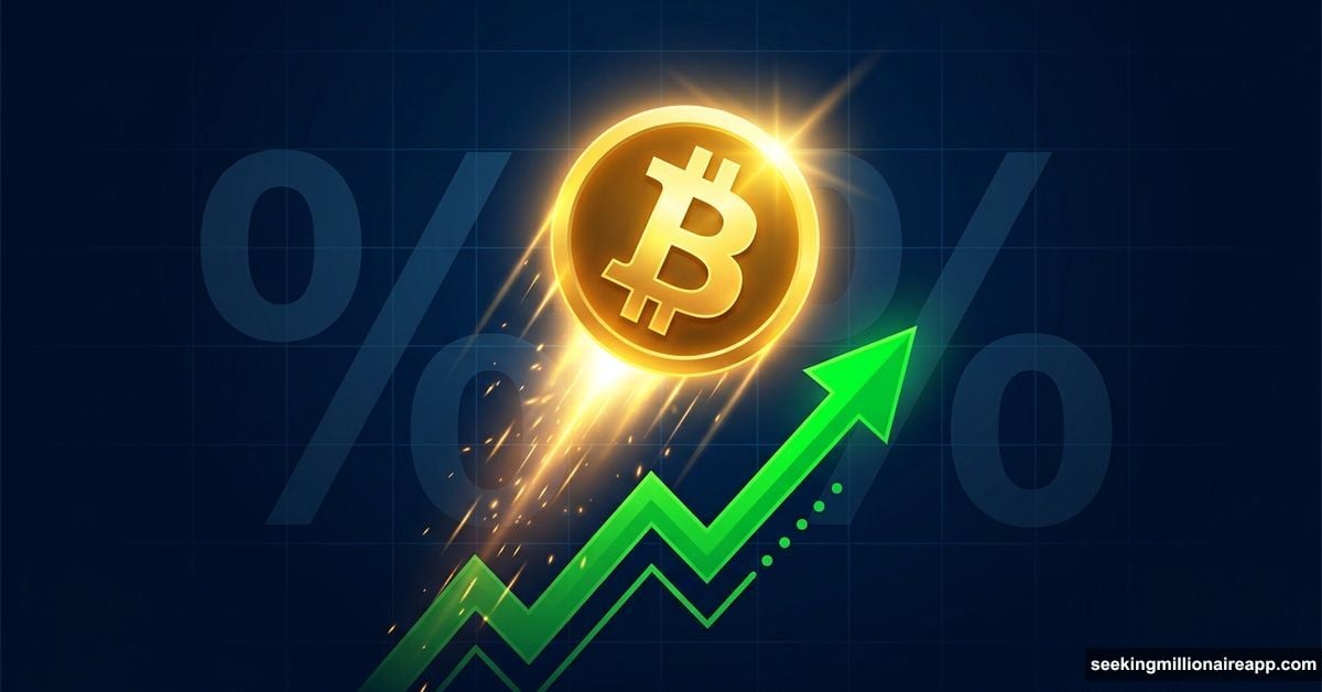 Bitcoin symbol surging upward on green arrow after CPI inflation miss