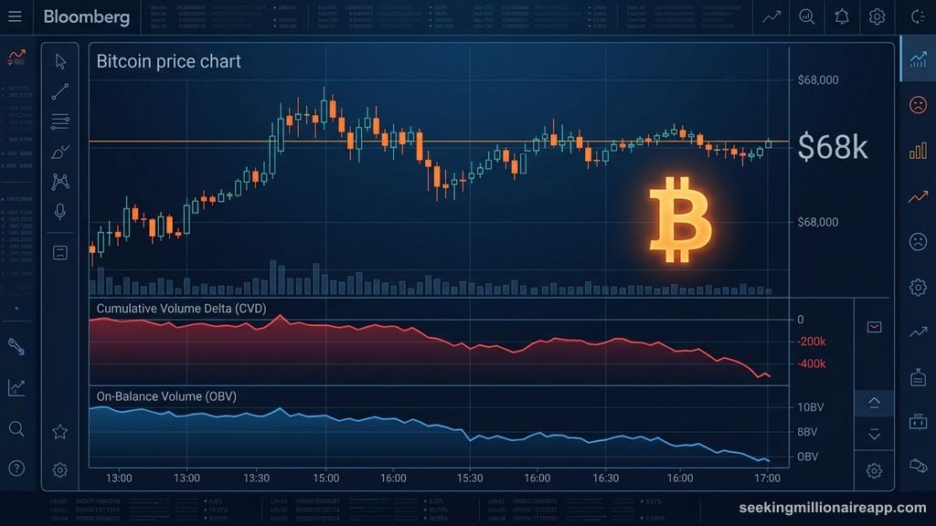 Bitcoin CVD and OBV indicators revealing hidden selling pressure at $68K