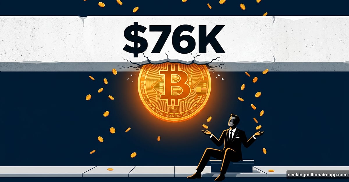 Bitcoin coin blocked by wall while banker collects falling coins below