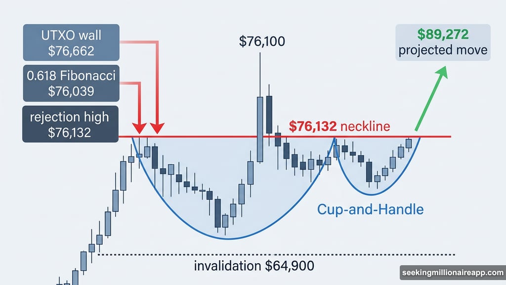 Bitcoin Cup-and-Handle pattern with rejection near $76,132 resistance level