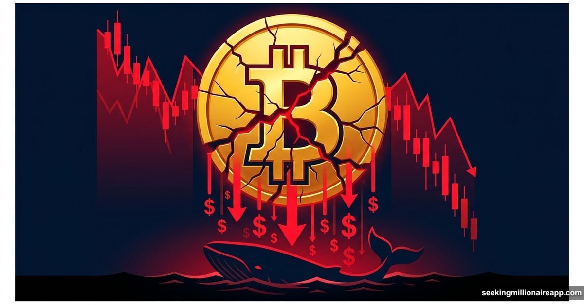 Cracked Bitcoin symbol with red losses as whales capitulate
