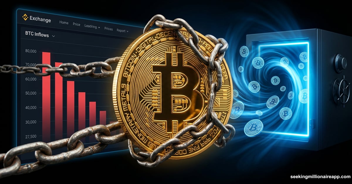 Golden Bitcoin coin leaving exchanges into cold storage vault