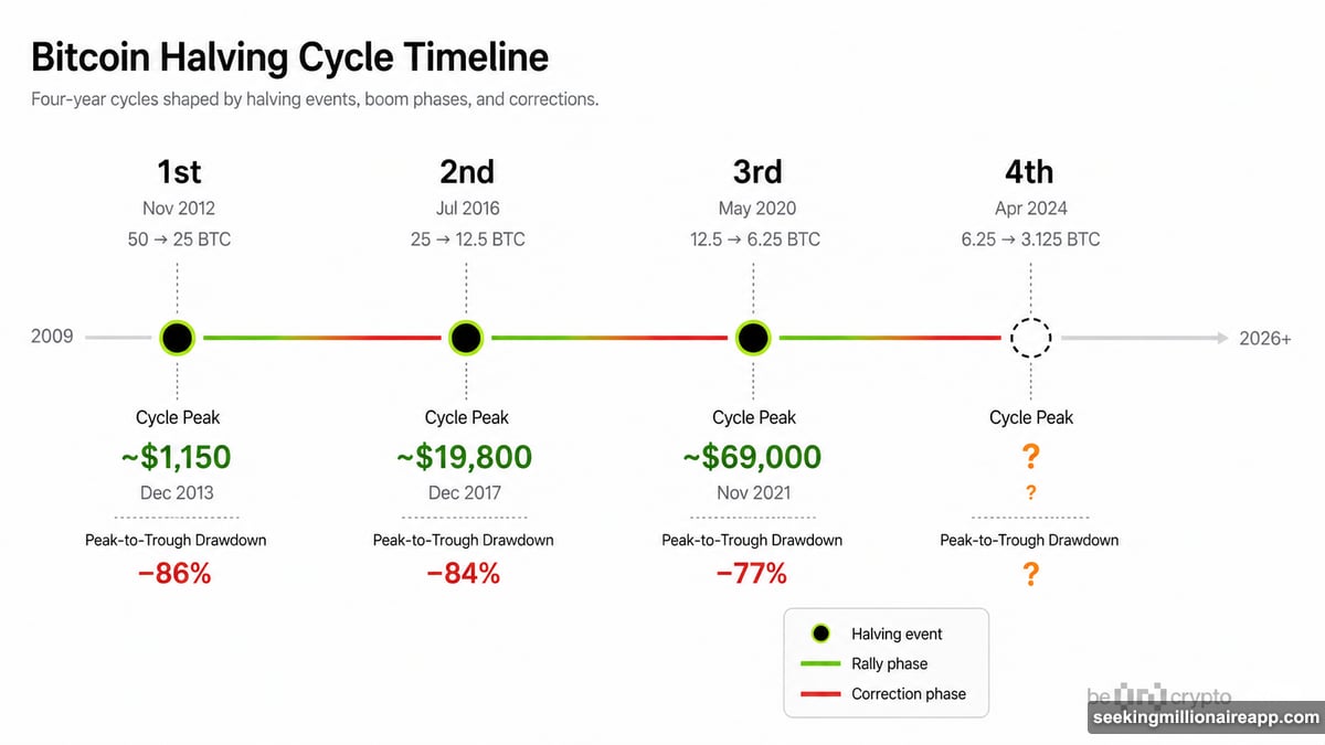 Bitcoin halving cycle peaks in 2013, 2017, 2021, and 2025 compared