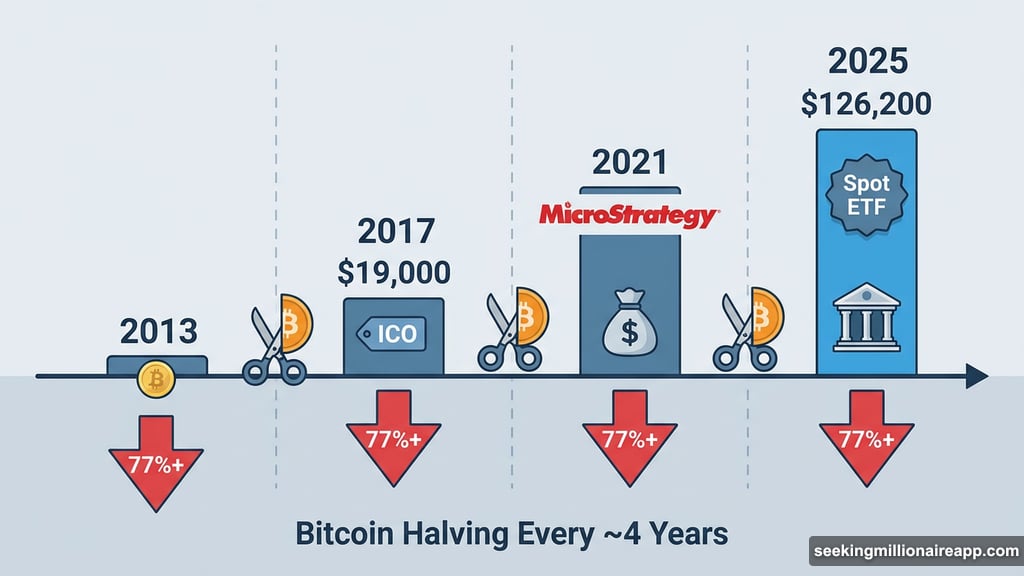 Bitcoin peaks in 2013, 2017, 2021, and 2025 with halving cycle drawdowns