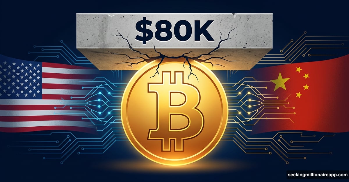 Bitcoin gold coin straining against $80K ceiling amid US-China tension