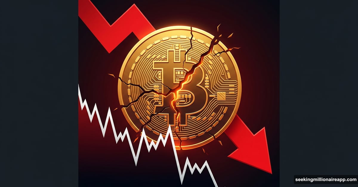 Cracked Bitcoin coin with sharp downward arrow signaling major sell-off