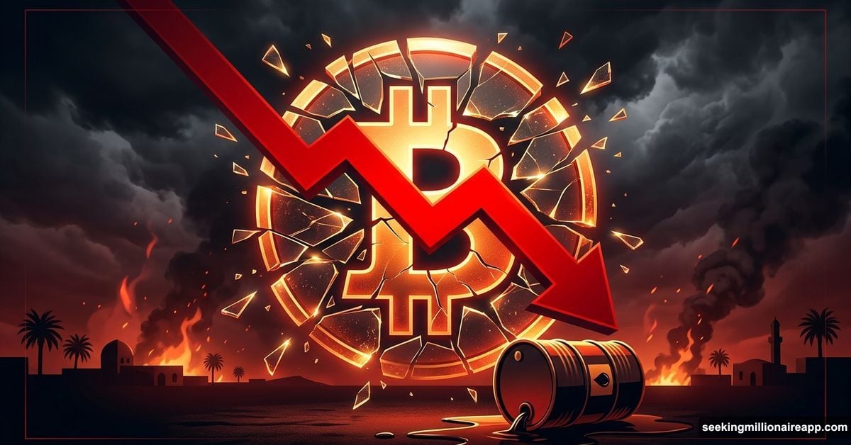 Bitcoin symbol shattering as geopolitical conflict and oil surge kill rally