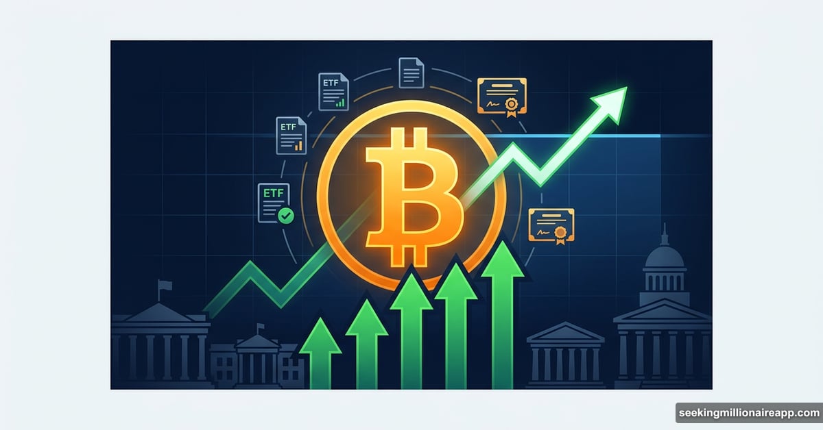Bitcoin symbol rising above chart with four green ETF inflow arrows