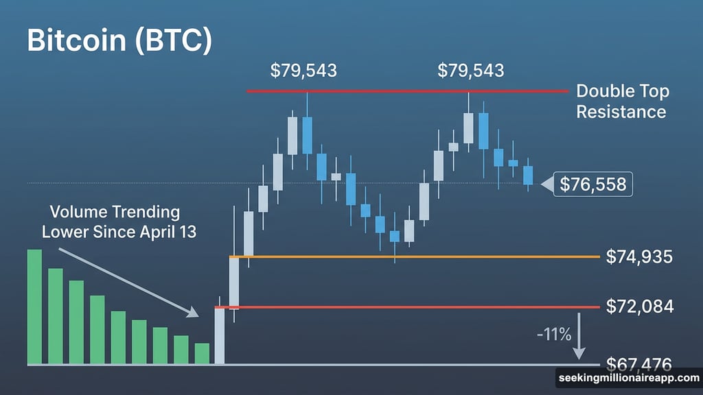 Bitcoin double top pattern at $79,543 resistance with declining volume