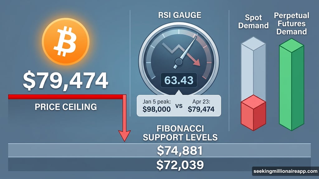 Bitcoin hidden bearish divergence with RSI at 63.43 and weak spot demand