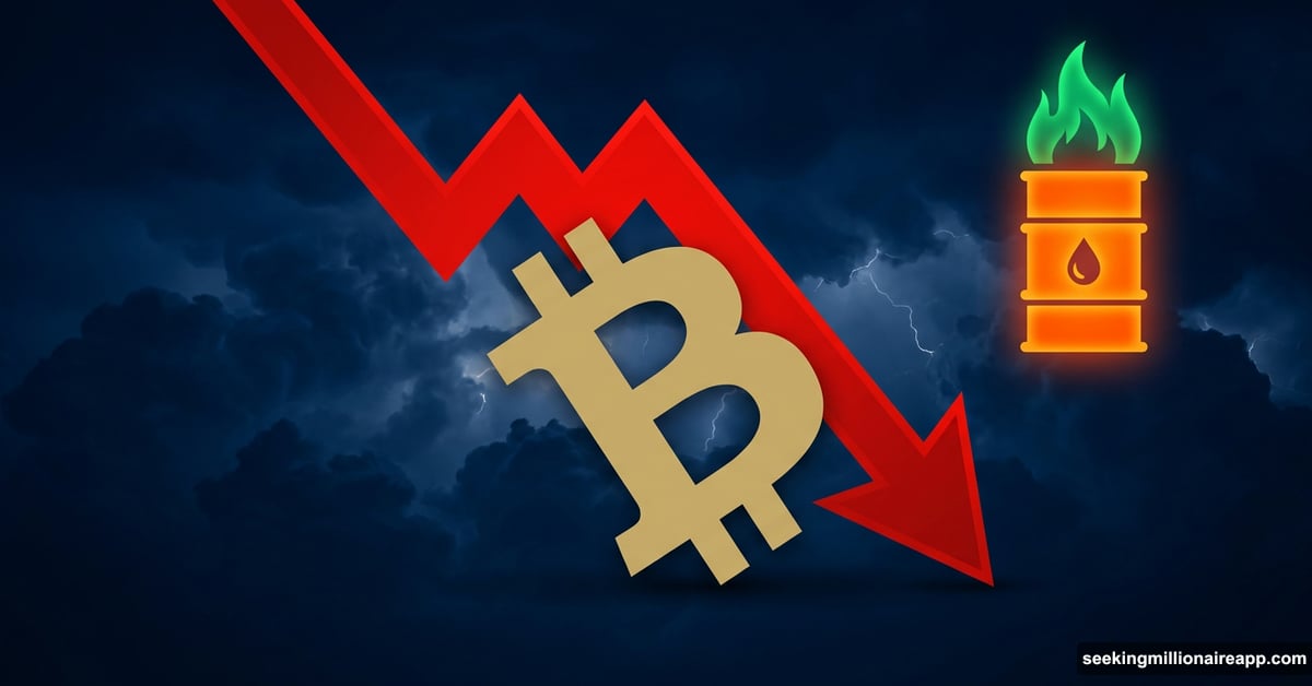 Bitcoin symbol falling as oil barrel icon rises on dark background