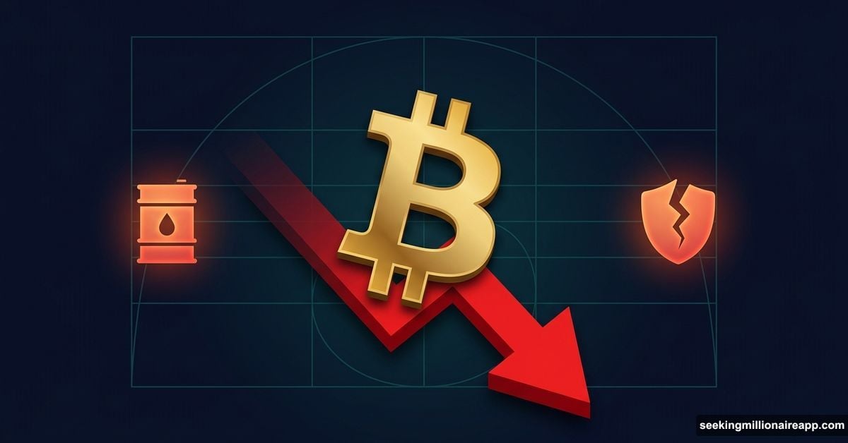 Bitcoin symbol tilting downward amid oil prices and DeFi exploit fears