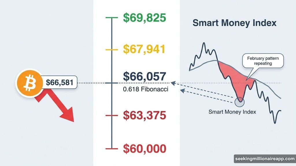 Bitcoin Smart Money Index diverging near $66,057 Fibonacci support level