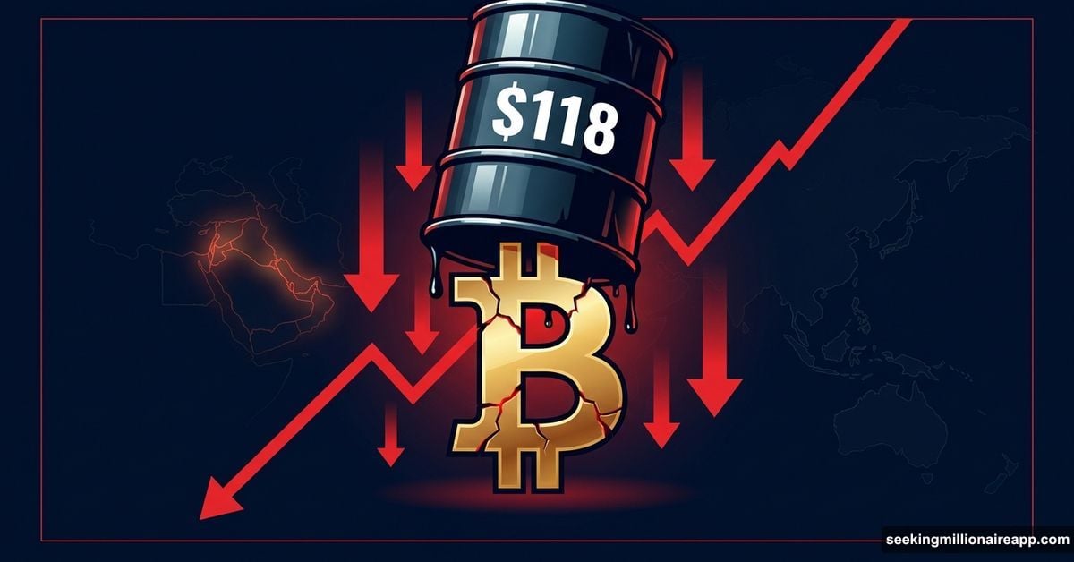 Oil barrel crushing Bitcoin symbol amid Hormuz crisis market decline
