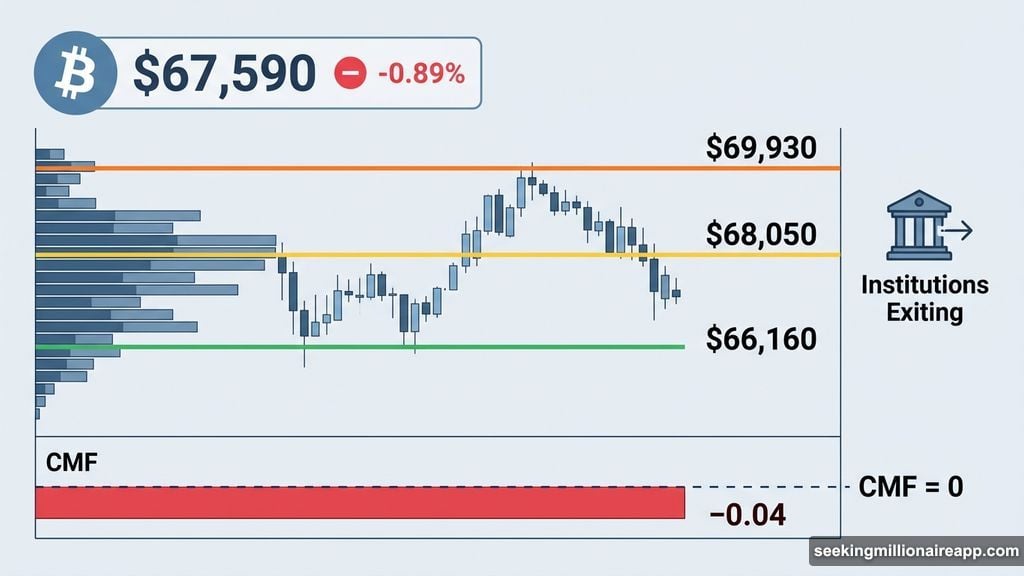 Bitcoin CMF indicator below zero signals institutional retreat at 67590