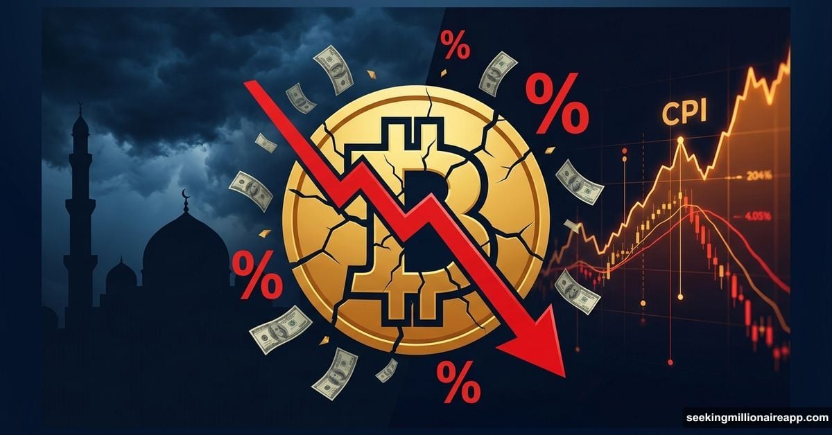 Cracking Bitcoin symbol amid geopolitical tension and inflation fears